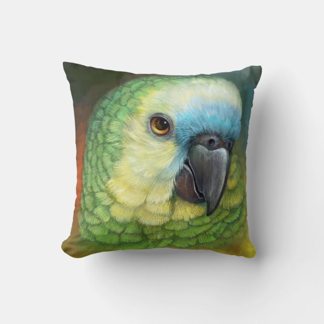 Almofada Pintura realística fronteada azul do papagaio de (Frente)