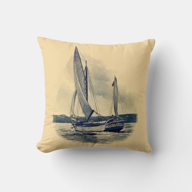Almofada Pintura velha amarela do barco de vela dos azuis (Frente)