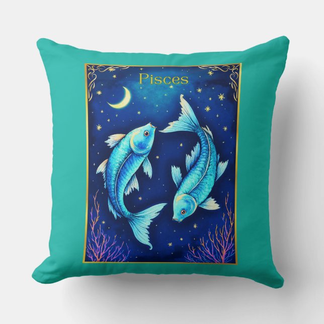 Almofada Pisces Zodiac Fish Swimming in Cosmic Waters (Frente)