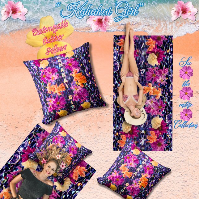 Almofada Piscina de natação divertida "Kahakai (praia) Girl (Kahakai Girl beautiful beach-lover's floral outdoor pillows you can customize)