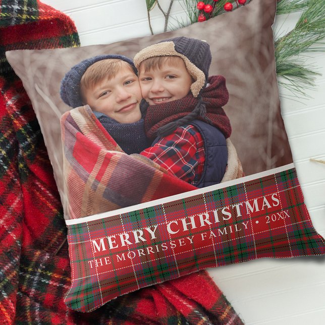 Almofada Plaid Natal Rústico Vermelho Verde Foto (Rustic Christmas Plaid Red Green Photo Throw Pillow)