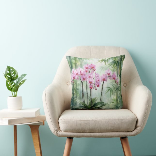 Almofada Planta de Orquídea Rosa em Fundo de Bambu (Cadeira)