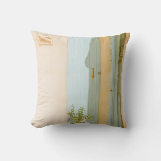 ALMOFADA PLANTA VERDE COM VASSO CERÂMICO AO LADO DA MADEIRA