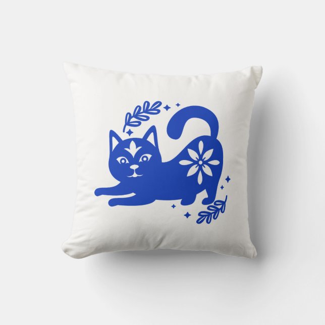 Almofada Playful Blue Cat Throw Pillow – CozyBun (Frente)
