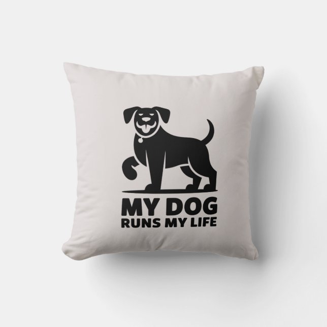 Almofada Playful Dog Outline "My Dog Runs My Life" Art (Frente)