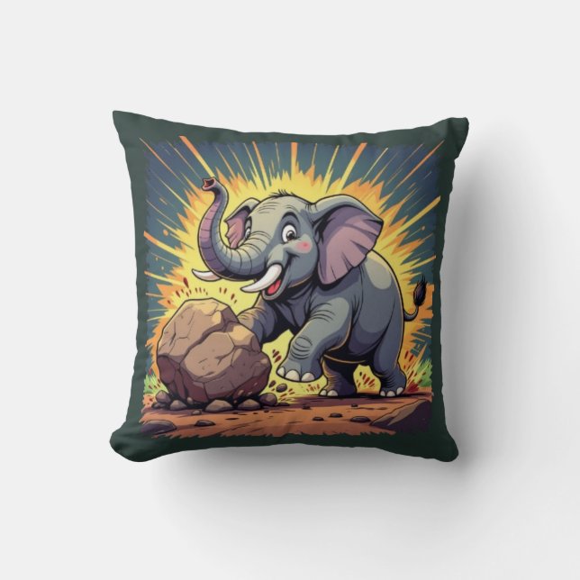 Almofada Playful Elephant Pushing a Rock – Fun Cartoon Anim (Frente)