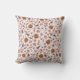 Almofada Playful Pink Halloween Fantasmas Pumpkins Patterno