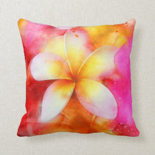 Almofada Plumeria Havaiana em Rosa Néon, Amarelo e Branco