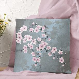 Almofada Pó Floral de Cerejeira Rosa Empoeirado Azul Empoei