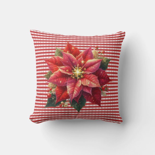 Almofada Poinsettia and Red Stripe Christmas Holiday (Frente)