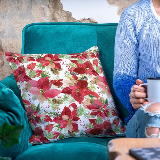 Almofada Poinsettia Pine Cone, Feriado de Natal Elegante (Criador carregado)