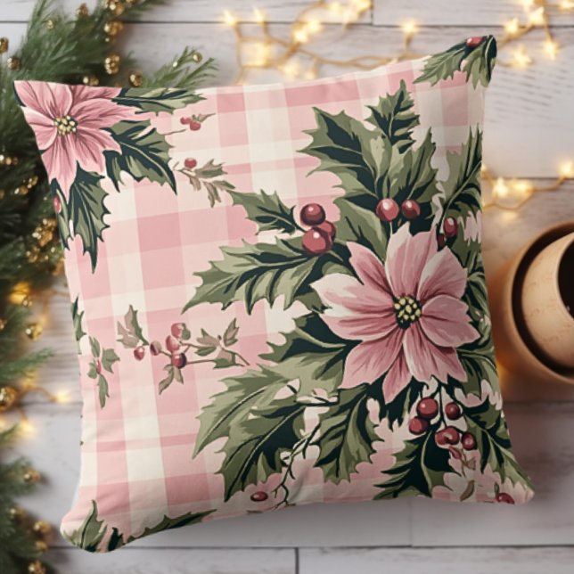Almofada Poinsettia Xadrez Rosa Natal (Criador carregado)