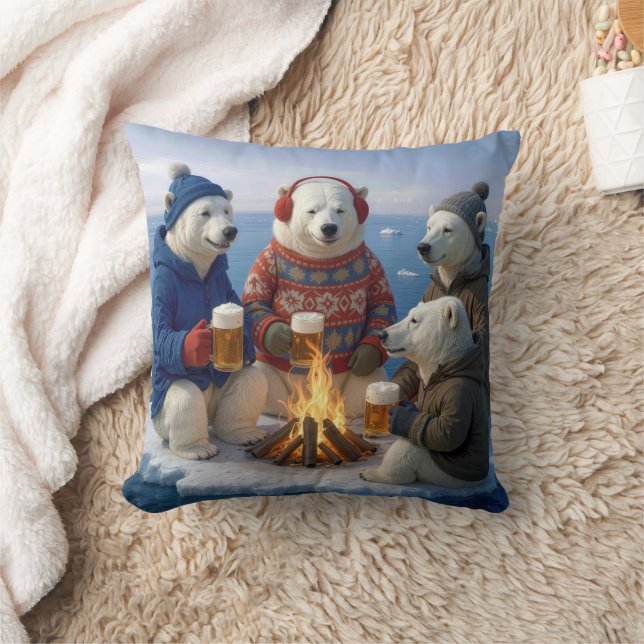 Almofada Polar Bears Drinking Beer Around a Campfire  (Cobertor)