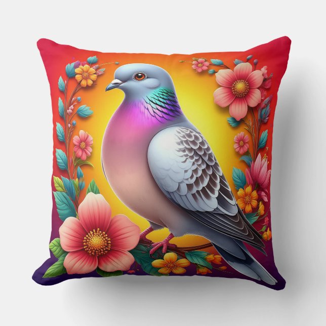 Almofada Pombo Colorido Cercado por Flores Vibrantes (Frente)