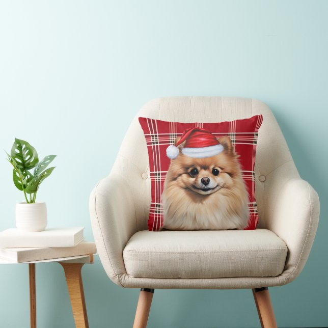 Almofada Pomeranian Dog Red Plaid Christmas Holiday (Cadeira)