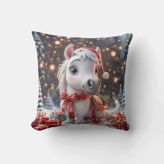 Almofada Pônei de Natal Fofo Com Chapéu de Papai Noel (Frente)
