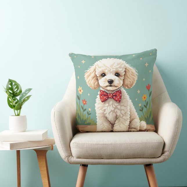 Almofada Poodle branco adorável com gravata borboleta (Cadeira)
