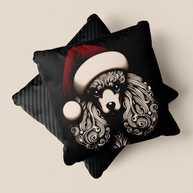 Almofada Poodle de Natal do Estilo Vintage Gótico (Gothic Vintage Style Christmas Poodle Throw Pillow - Front & Back View)