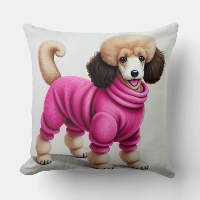 Almofada Poodle Elegante Vestindo Rosa (Frente)