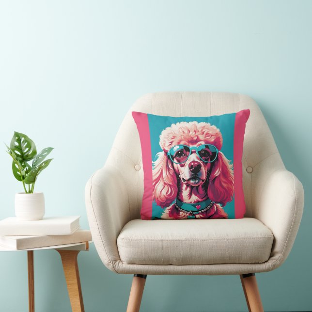 Almofada Poodle Rosa Glam em Óculos de Sol Azul Turquesa &  (Cadeira)