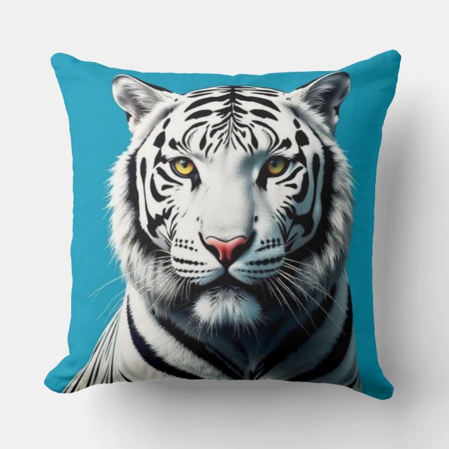 Almofada Pop de Arte Branca de Tigre - Gato Selvagem Feroz  (Frente)