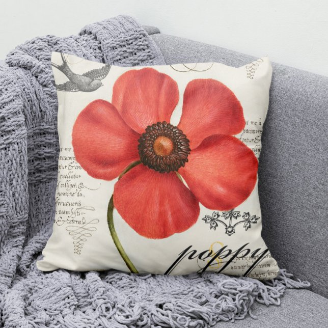 Almofada Pop de cor vermelho-papoula, desenhado à mão (Our Vintage Red Poppy Throw Pillow Adds a Splash of Color to Any Room!)