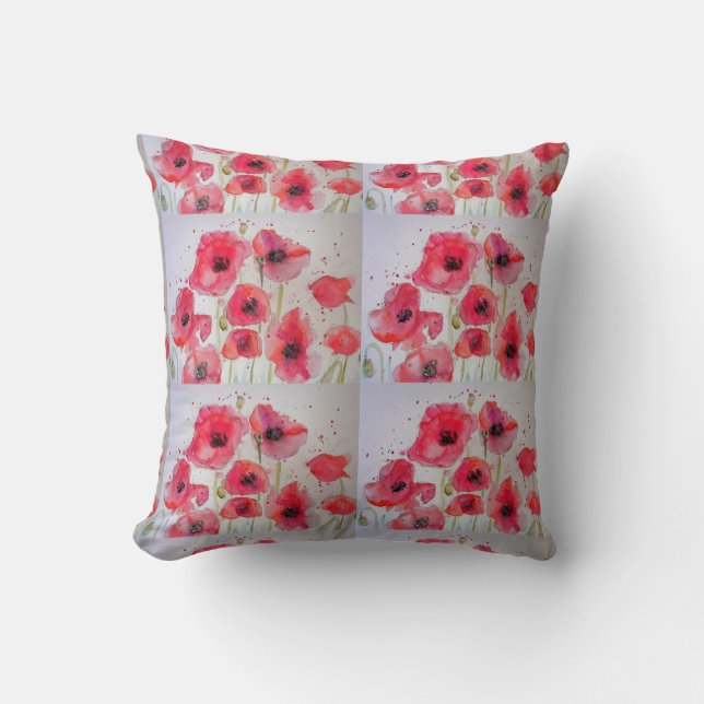 Almofada Pópias Florais Vermelhas Pópias Aquarelas Cushion  (Frente)