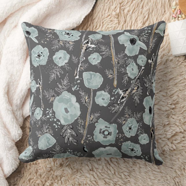 Almofada Poppies Aquarela Floral Azul Floral Flor Preto (Poppies Watercolor Floral Blue Black Flowers Throw Pillow from Jenn Steffen for Studio Posies. )