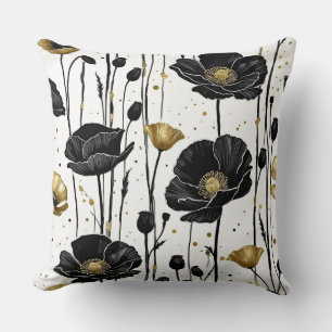 Almofada Poppies Pretos e Dourados em Branco