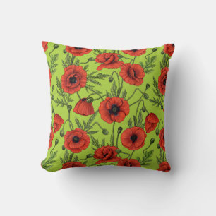 Almofada Poppies, vermelhos e verdes no verde limão