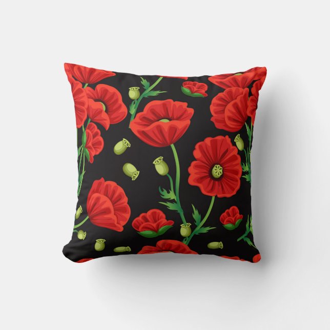 Almofada Poppies vermelhos no Travesseiro decorativo negro (Frente)
