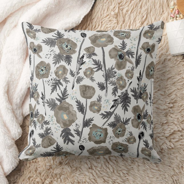 Almofada Poppies Watercolor Padrão Floral (Poppies Modern Gray Blue Watercolor Floral Pattern Throw Pillow from Jenn Steffen Studio Posies. )