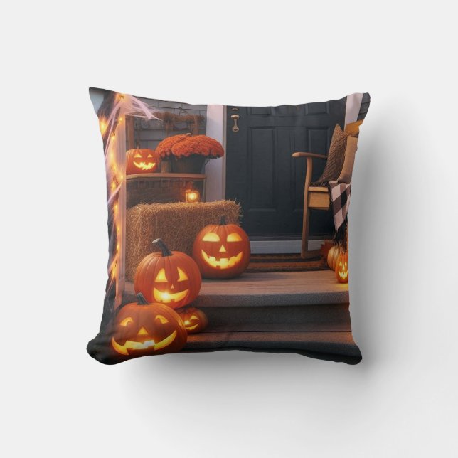 Almofada Porch Halloween e Pumpkins entalhados (Frente)