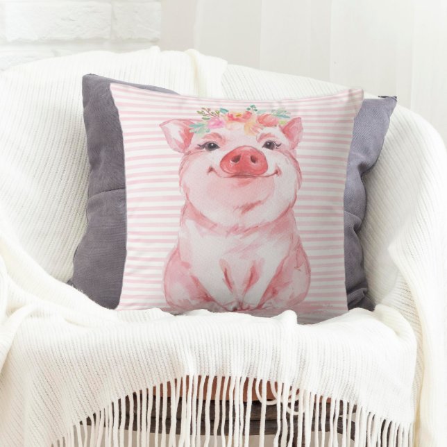 Almofada Porco Adorável em Aquarela (A throw pillow decorated with an adorable watercolor pig.)