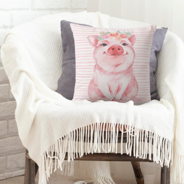 Almofada Porco de Aquarela Adorável (A throw pillow decorated with an adorable watercolor pig.)
