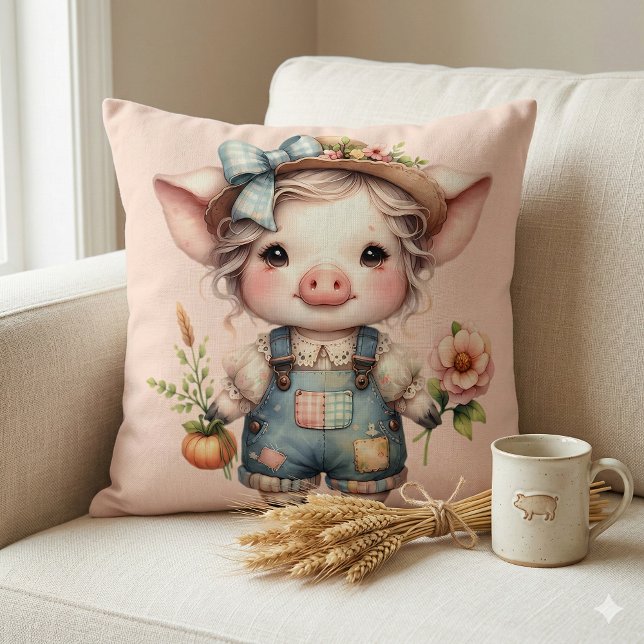 Almofada Porco Fofo Farmcore de Macacão com Flores (Cute Farmcore Pig in Overalls with Flowers Throw Pillow Mockup A)