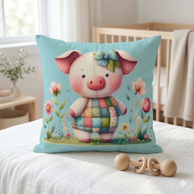Almofada Porco Patchwork Caprichoso no Jardim Floral (Whimsical Patchwork Pig in Floral Garden Throw Pillow Mockup A)