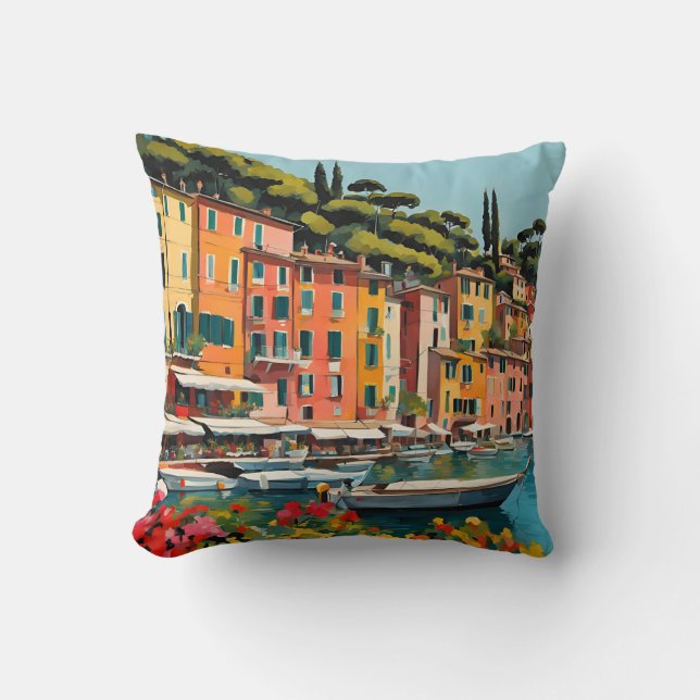 Almofada Portofino Itália — Paisagem Marítima Mediterrânica (Frente)