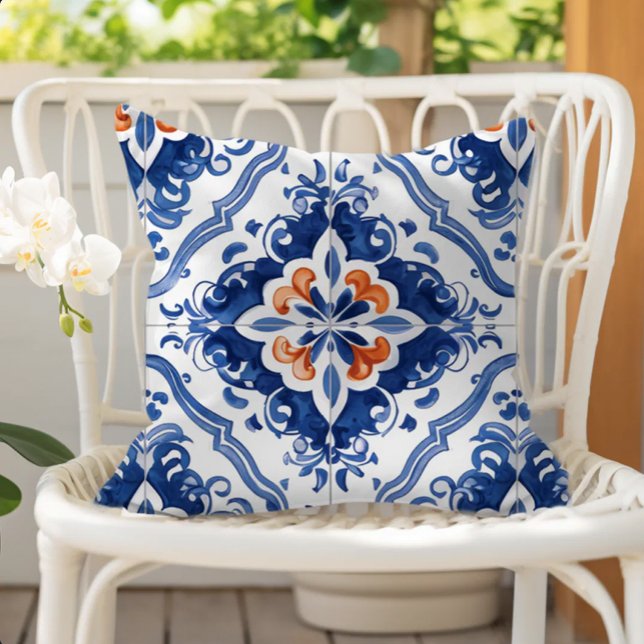 Almofada Portuguese Tile Pattern Blue White Orange (Criador carregado)