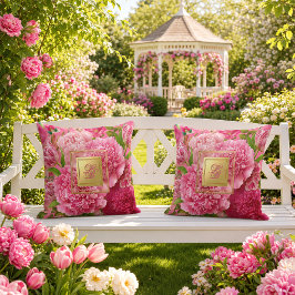 Almofada Posh Rosa e Verde Peônia Tulipa Monogramada 