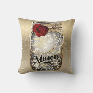 Almofada Pote de Mason de Rosa Vermelha Glamour Brilho Dour