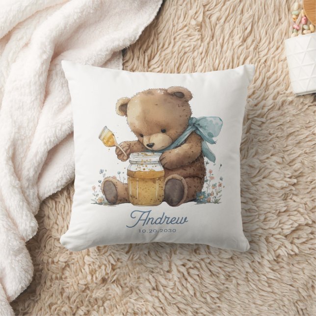 Almofada Pote de Mel de Urso de Aguarela Personalizado (Cobertor)