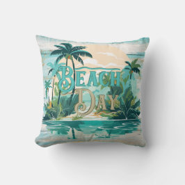 Almofada Praia Dia Teal Beige Palm Trees Praia Costeira