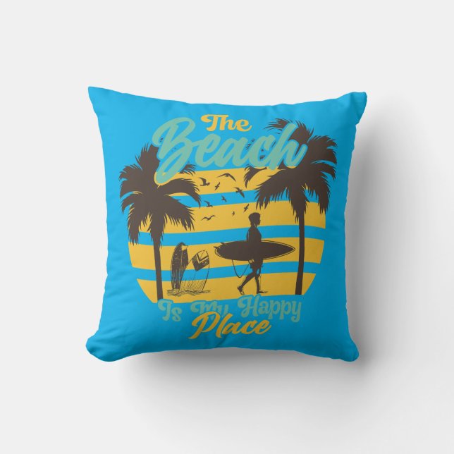 Almofada Praia é o meu Lugar Feliz, Verão, Surf e Palmeiras (Frente)