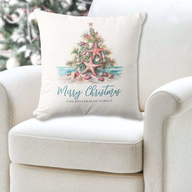 Almofada Praia Merry Árvore de Natal (Beach Merry Christmas Tree Throw Pillow )