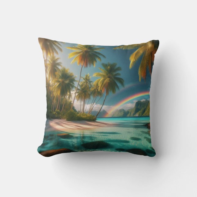 Almofada Praia Tropical Com Arco-Íris E Palmeiras (Frente)