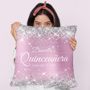 Almofada Prata Brilho Rosa Claro Folha Quinceañera