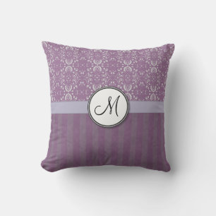 Almofada Prata em Damasco de Lavanda com Stripes e Monogram