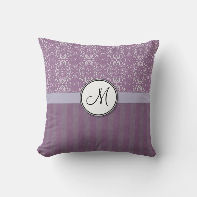 Almofada Prata em Damasco de Lavanda com Stripes e Monogram (Frente)