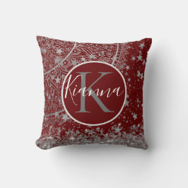 Almofada Prata Lotus Mandala com estrelas prateadas em verm